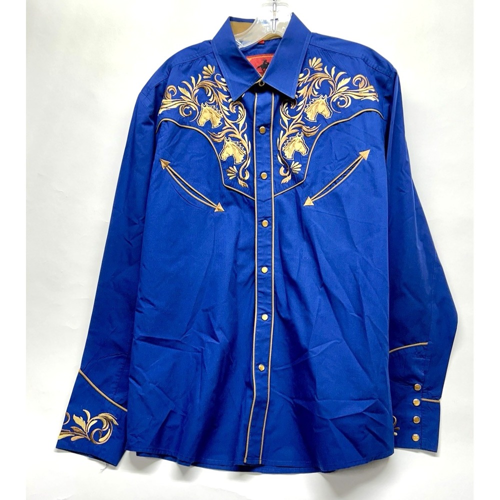 Dificil Slog Western Men's Large Blue/Gold Snap Button Cotton Blend Shirt (E4)